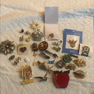 Assorted Vintage Mixed Brooch and Pin Lot - Gold Tones, Red, Green, Blue